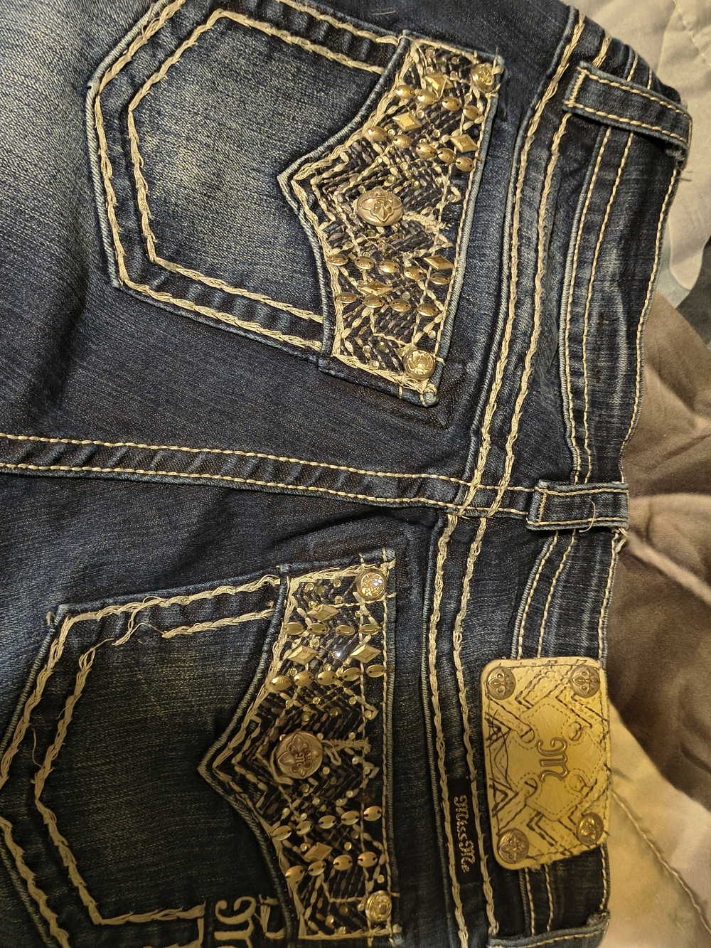 Miss Me Dark Blue Boot Cut Jeans with Gold Embellishments 29
